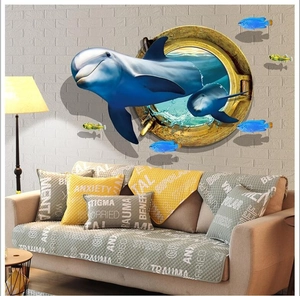 3D ocean dolphin wall sticker with golden porthole for living room home decor