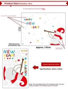 Layout and size guide for Christmas snowman wall decal showing compact and applied dimensions