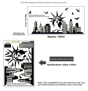 Luminous city skyline wall sticker with Statue of Liberty silhouette and size details
