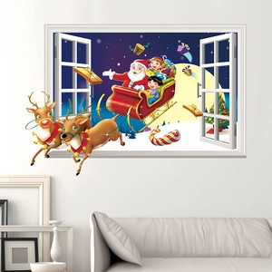 3D Christmas Wall Sticker Santa Claus Sleigh Reindeer False Window PVC Waterproof Decal For Home Shop Window Decoration