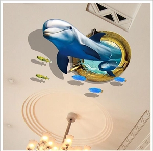 3D ocean dolphins wall decals with tropical fish for bedroom ceiling decor