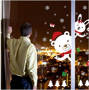 Christmas bear and rabbit window stickers with snowflakes and Merry Christmas text