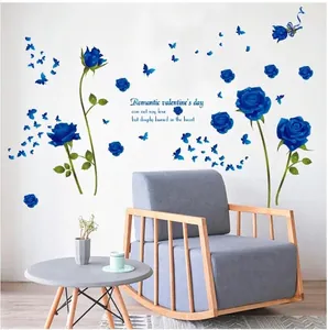 Blue rose and butterfly wall stickers for bedroom living room home wall decor