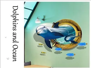 3D ocean scene wall decal with dolphins and tropical fish through a ship window