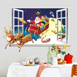 3D Christmas window wall sticker featuring Santa Claus sleigh and reindeer in snow