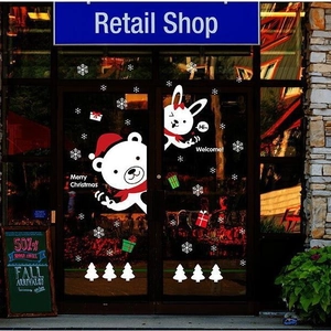 Christmas bear and rabbit window stickers set with snowflakes and gift boxes for shop decor