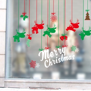 Christmas window decals with reindeer, snowflakes, and Merry Christmas text decor