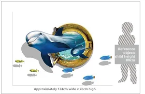 Detail of 3D dolphin wall sticker showing dimensions 124x78cm for nursery decor