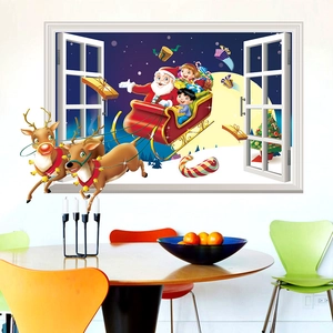 3D Christmas wall sticker featuring Santa Claus and reindeer sleigh for festive home decor