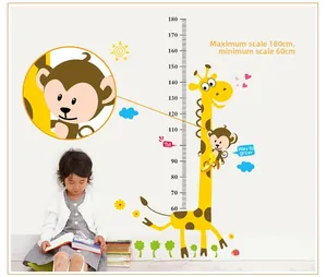 Detailed PVC cartoon giraffe height chart sticker with monkeys and scale showing for kids room