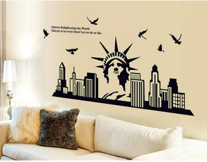 Luminous city skyline wall stickers with Statue of Liberty and birds for home decor