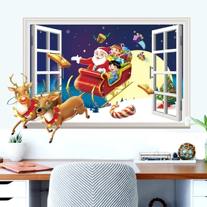 3D Santa Claus and reindeer window wall decal for festive Christmas store and home decoration