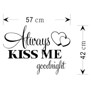 Always Kiss Me Goodnight wall decal with hearts for bedroom decor, 57x42cm size