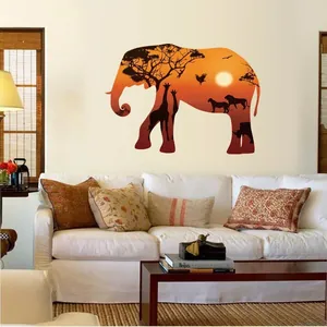 Creative African elephant silhouette wall sticker with sunset landscape for home decor