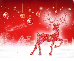 Artistic red Christmas reindeer wall decal with Merry Christmas text and gift box motifs