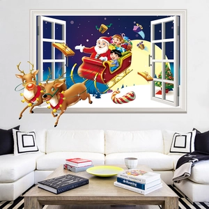 3D Christmas wall sticker featuring Santa Claus sleigh and reindeer flying from window