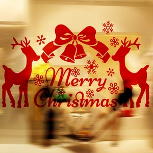 Red Merry Christmas wall sticker featuring reindeer, snowflakes and bells for holiday decor