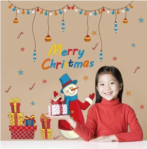 Merry Christmas wall stickers with cartoon snowman, gift boxes and festive decorations
