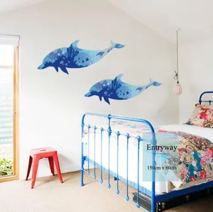 Blue dolphin silhouette wall decals with ocean coral patterns for bedroom decor 150x60cm