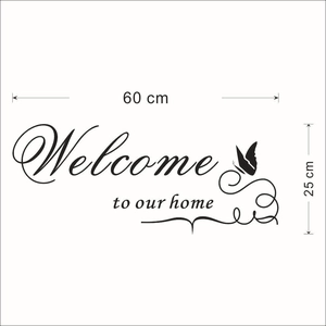 Sticker mural Welcome to Our Home avec papillons et lettrage artistique, 60x25cm