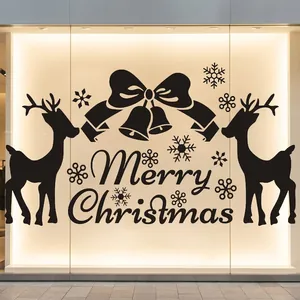 Merry Christmas reindeer wall stickers with black silhouette bells and snowflakes