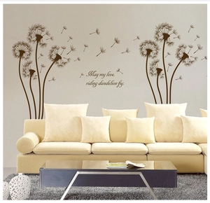 Detail showing brown dandelion wall decal with romantic English quote on warm living room wall