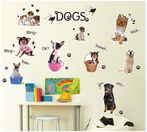 Cartoon dog wall stickers set featuring various breeds and footprints for kids room decor