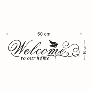 Sticker mural Welcome to our home avec oiseaux et volutes, décor noir de 60 cm de largeur