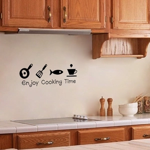 Enjoy Cooking Time kitchen wall sticker with pan and coffee cup icons for home decor