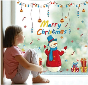 Christmas snowman window stickers with colorful gift boxes for festive glass decoration