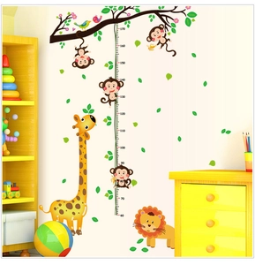 Cartoon giraffe and monkey height measurement wall decal for kids room decor
