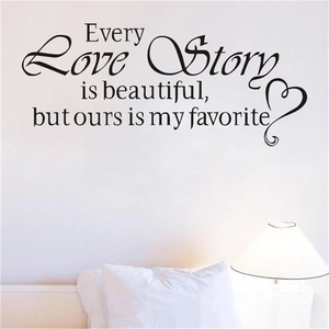 Every Love Story quote wall decal in black vinyl for bedroom decor above the bed