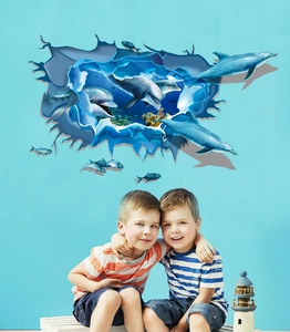 3D Ocean World Dolphin Broken Wall Sticker PVC Waterproof Removable Creative Marine Life Mural For Kids Room Living Room Decor