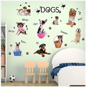 Removable cartoon dog wall decals set for kids room decor with cute golden retriever and dogs text