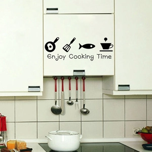Black 'Enjoy Cooking Time' wall sticker with kitchen icons on white cabinet
