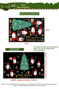 Size guide for Christmas Santa and tree wall stickers showing 60x90cm layout and finished dimensions