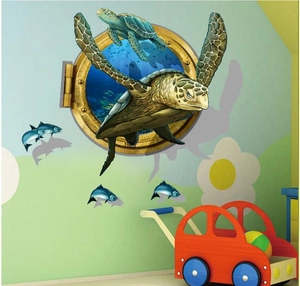 3D sea turtle wall sticker with submarine window design and small blue dolphin decals