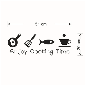 Enjoy Cooking Time black wall sticker with frying pan, coffee, and spatula, 51x20cm size