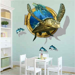 3D sea turtle porthole wall stickers with small fish for creative children room decor