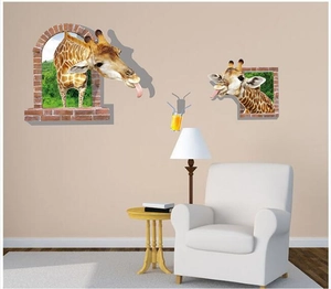 Stickers muraux 3D girafe effet brèche murale pour décoration de salon créative