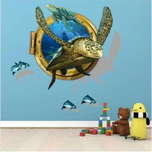 3D ocean sea turtle wall stickers with golden porthole and fish for nursery wall decor
