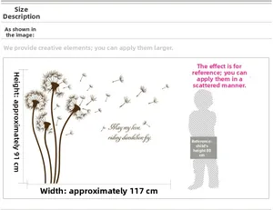 Dandelion wall sticker dimensions guide showing width 117cm and height 91cm for home decor