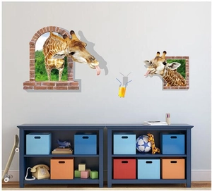 Stickers muraux 3D girafe à travers un mur de briques pour décoration chambre enfant