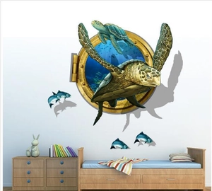 3D sea turtle wall sticker looking through a porthole window for kids room decor