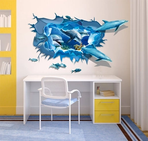 3D ocean world wall sticker with dolphins and fish for creative living room wall decor