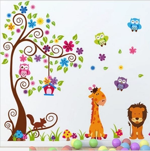 Large Cartoon Giraffe Lion Forest Animals Wall Stickers Waterproof PVC Tree Owl Nursery Decal For Kids Room Home Decor