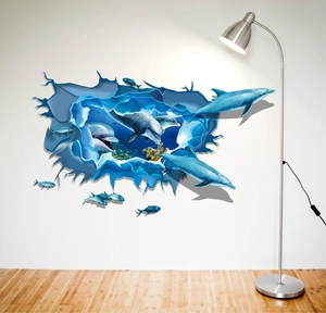 Creative 3D dolphin wall sticker with underwater ocean scenery and coral reef for home decor