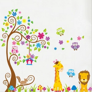Cartoon giraffe and lion wall decals set with colorful forest tree for kids room