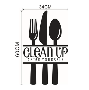 Detail view of kitchen wall sticker with size dimensions 34cm by 60cm and English text