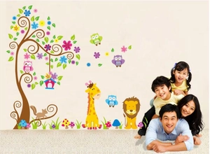 Cartoon forest animal wall stickers with giraffe lion and tree for kids nursery room decor